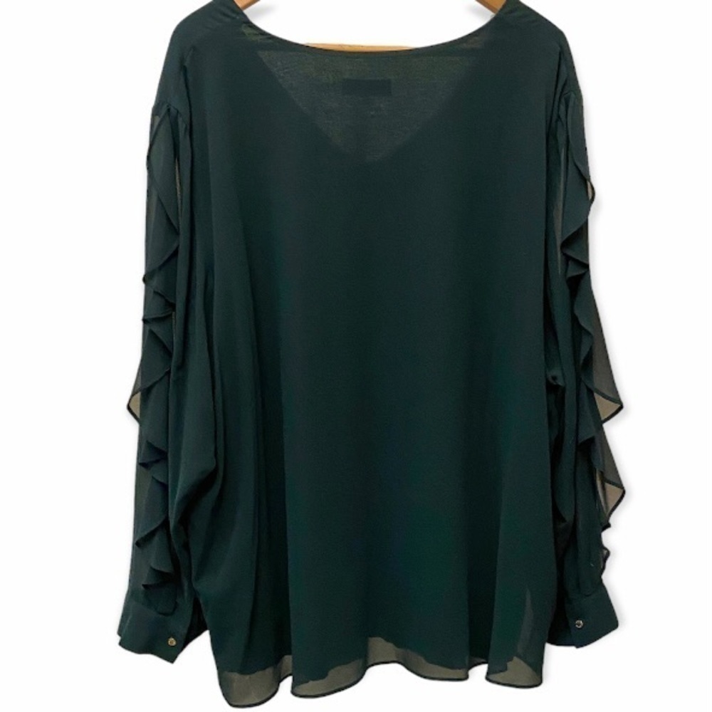 Calvin Klein 3X Top Semi Sheer Dark Green V Neck Flowy Ruffles Long Sleeve - Picture 3 of 11